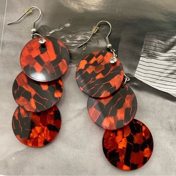 New Acrylic Mosaic Red and Black Circle Dangle Earrings - Picture 1 of 8